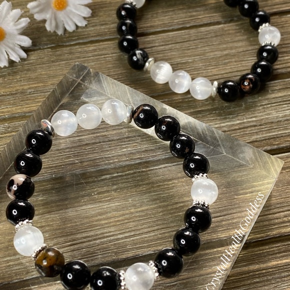 Selenite Black Tourmaline Stone Matrix Bracelet - Picture 1 of 6